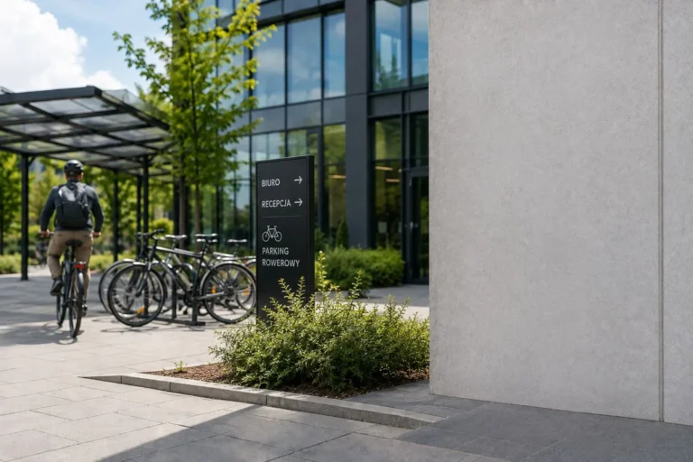 Rowerzysta dojeżdżający do pracy przy biurowcu z parkingiem rowerowym